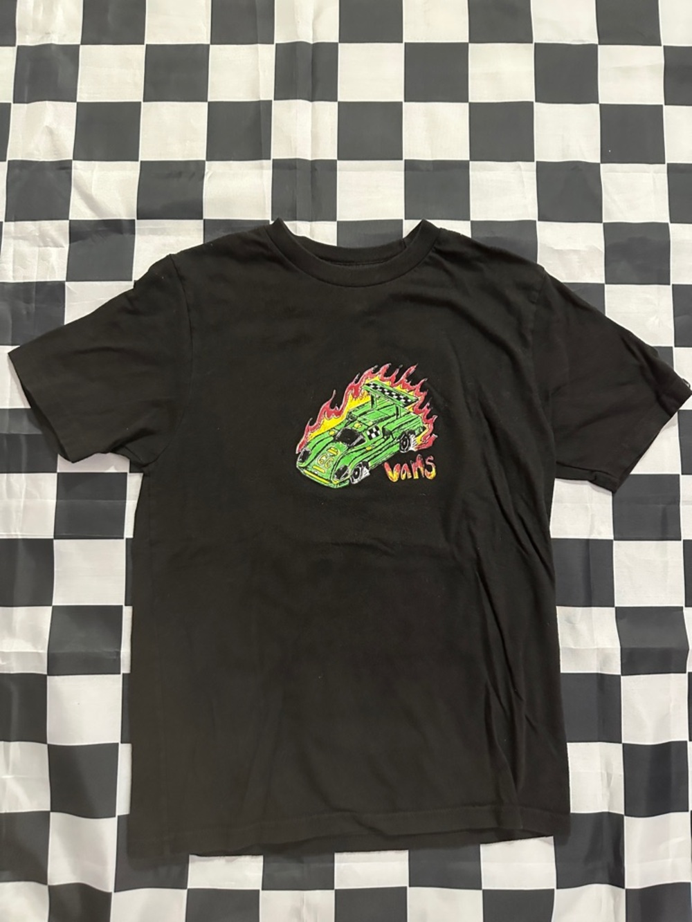 Vans Boys Black T-Shirt with Neon Green Flaming Car Graphic S 8-10
